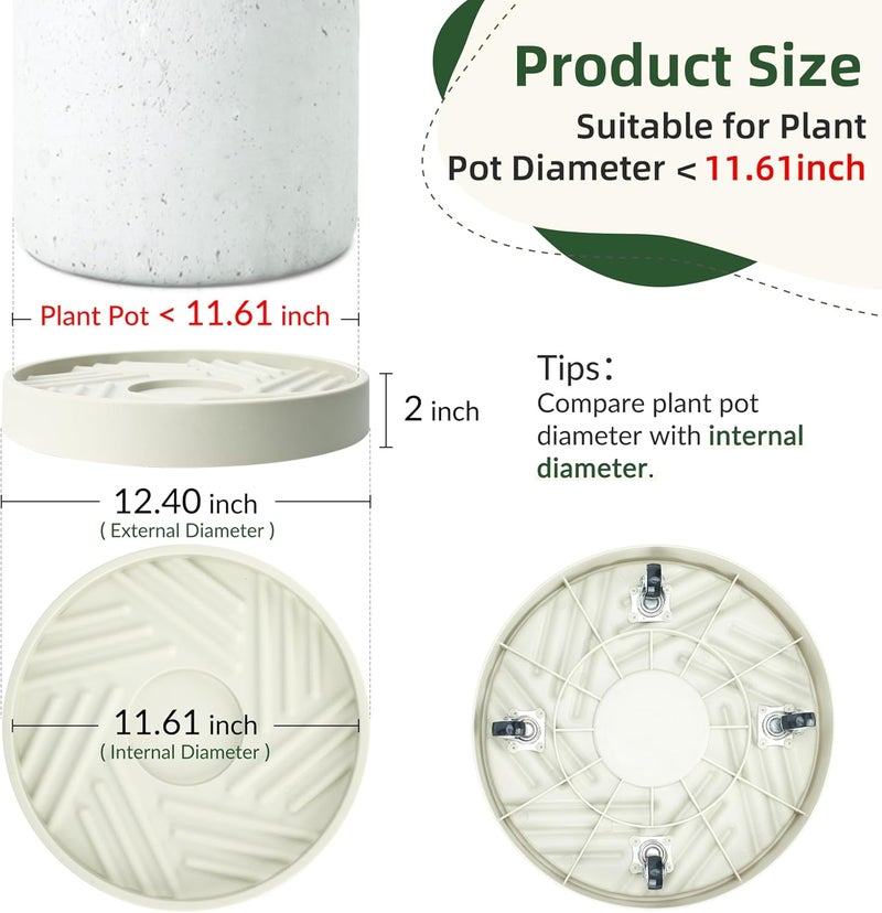 REDHUGO 2PCS Round Plant Caddy with Hidden Wheels, Heavy Duty Rolling Plant Stand Caddy with Wheels, Pot Base for Indoor Outdoor, Beige, 12 inches - Image 2